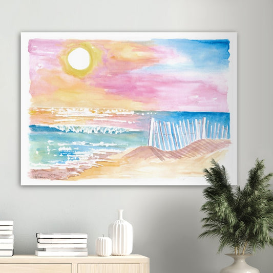 Romantic White Picket Fence on Beach with Waves and Sunset - Limited Edition Fine Art Print - Original Painting available