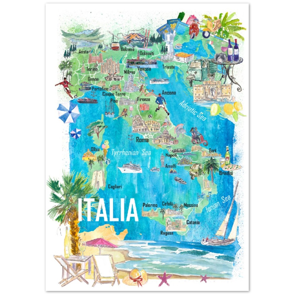 Italy Illustrated Travel Map Mediterranean Adriatic Sicily Sardegna with Roads and Tourist Highlights