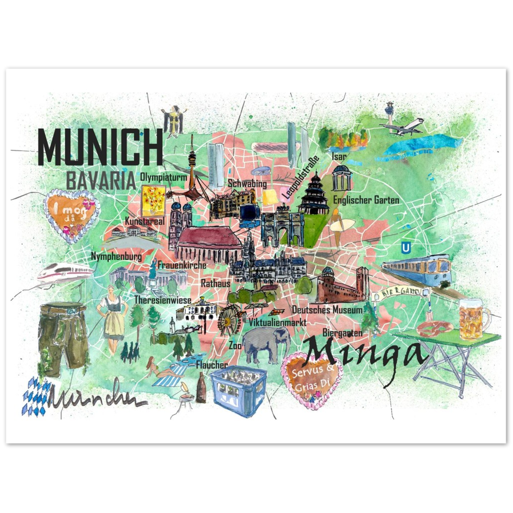 Munich Bavaria Germany Illustrated Travel Map with Roads and Tourist Highlights