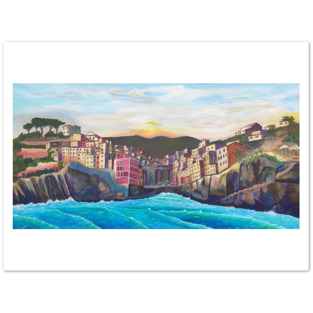 Waves and Surf Crashing on Shore in Riomaggiore Cinque Terre - Limited Edition Fine Art Print - Original Painting available