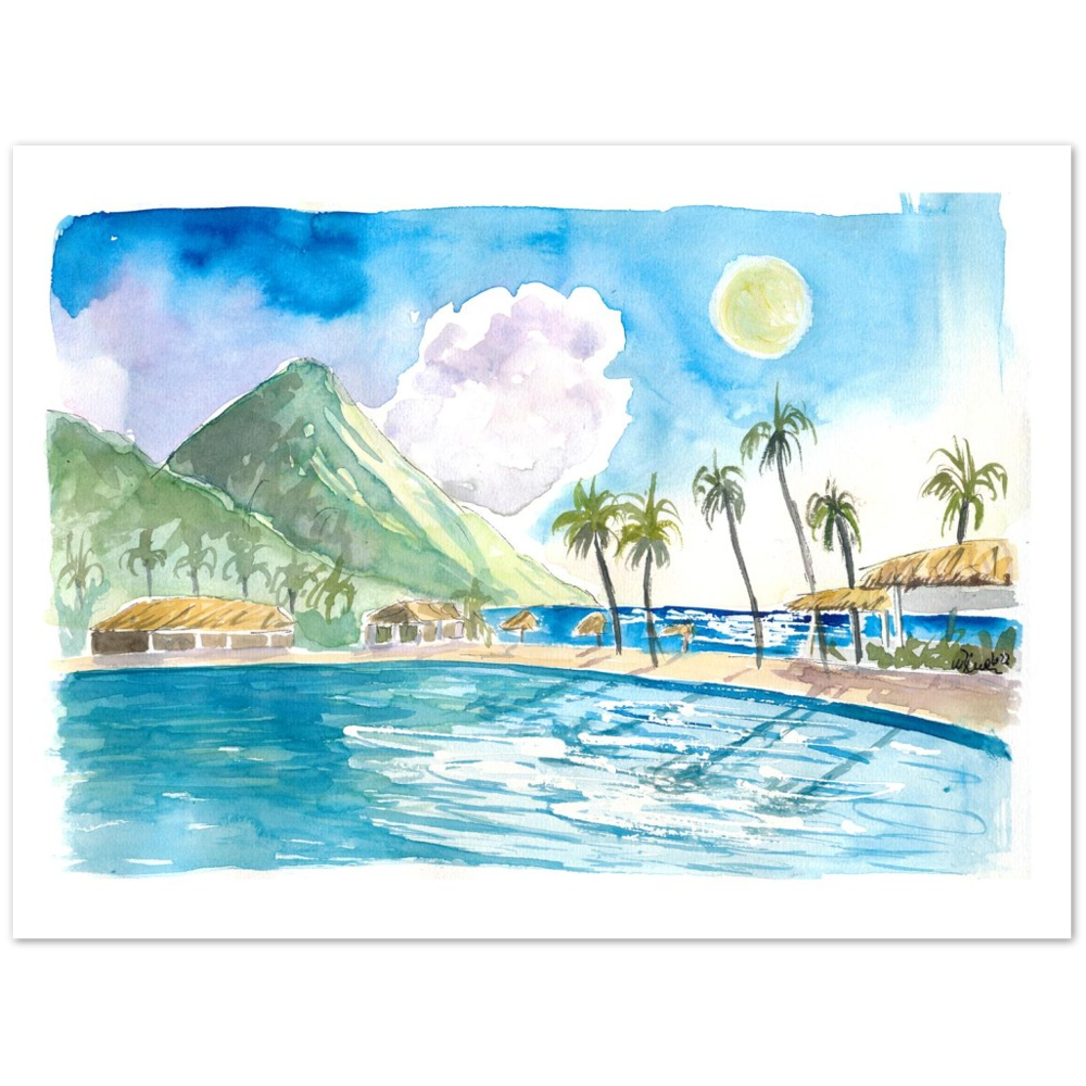 Saint Lucia Pitons and Incredible Caribbean Infinity Pool - Limited Edition Fine Art Print - Original Painting available