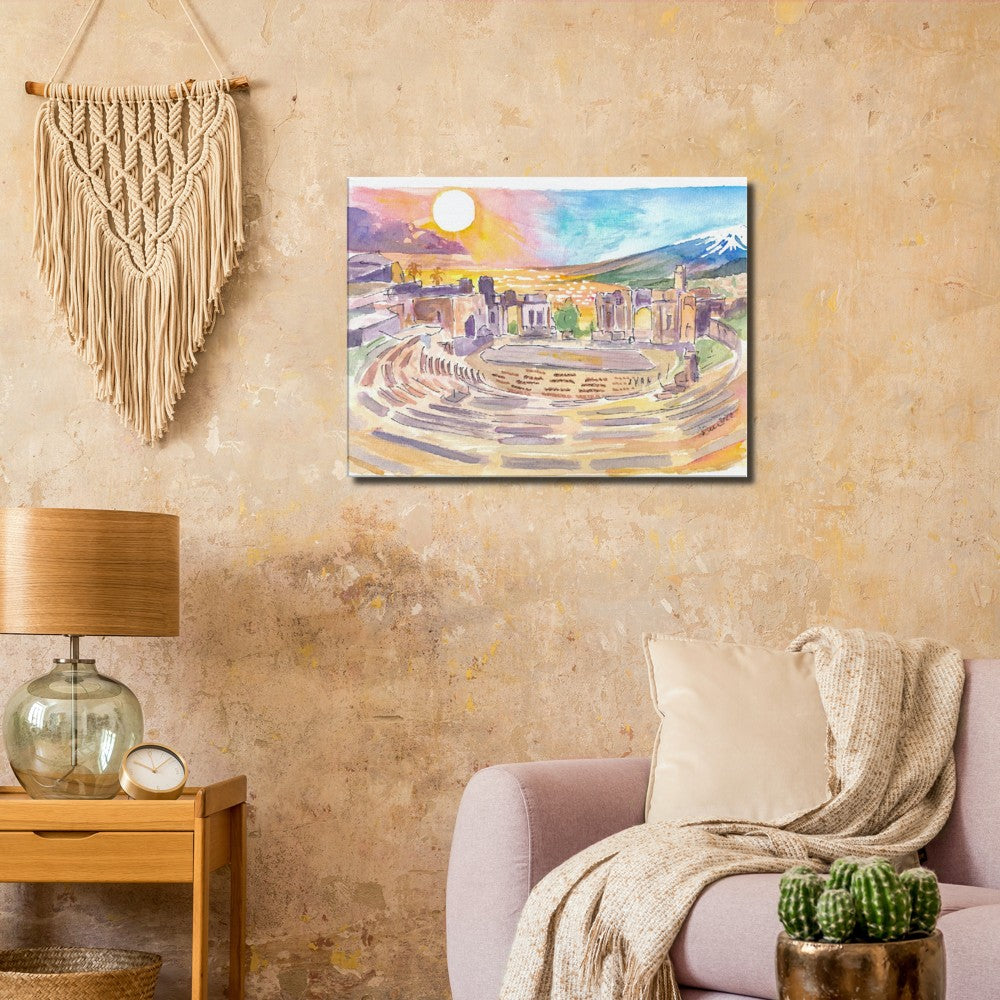 Ancient Theatre of Taormina with View of Mount Etna in Sicily - Limited Edition Fine Art Print - Original Painting available