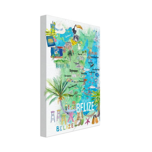 Belize Caribbean Illustrated Travel Map with Roads and Tourist Highlights