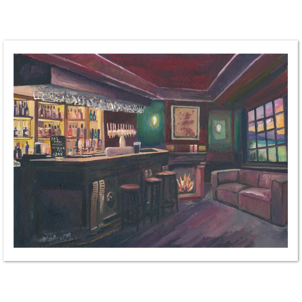 Pub Evening with Bar and Fireplace in Lonely Scottish Highlands - Fine Art Print Giclee - Original available