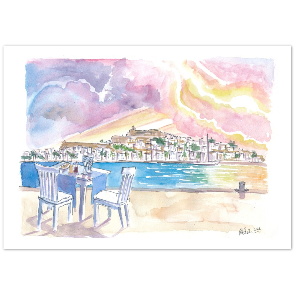 Sundowner with Gorgeous View of Eivissa Ibiza Old Town and Castle - Limited Edition Fine Art Print - Original Painting available