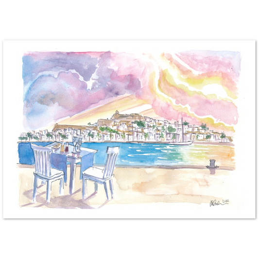 Sundowner with Gorgeous View of Eivissa Ibiza Old Town and Castle - Limited Edition Fine Art Print - Original Painting available