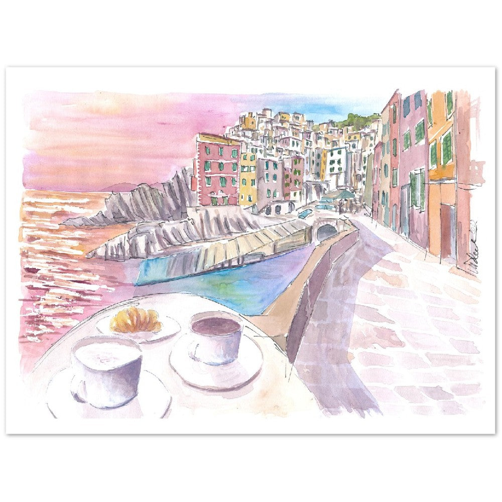 Riomaggiore Cinque Terre Relaxed Morning with Brioche and Coffee - Limited Edition Fine Art Print - Original Painting available