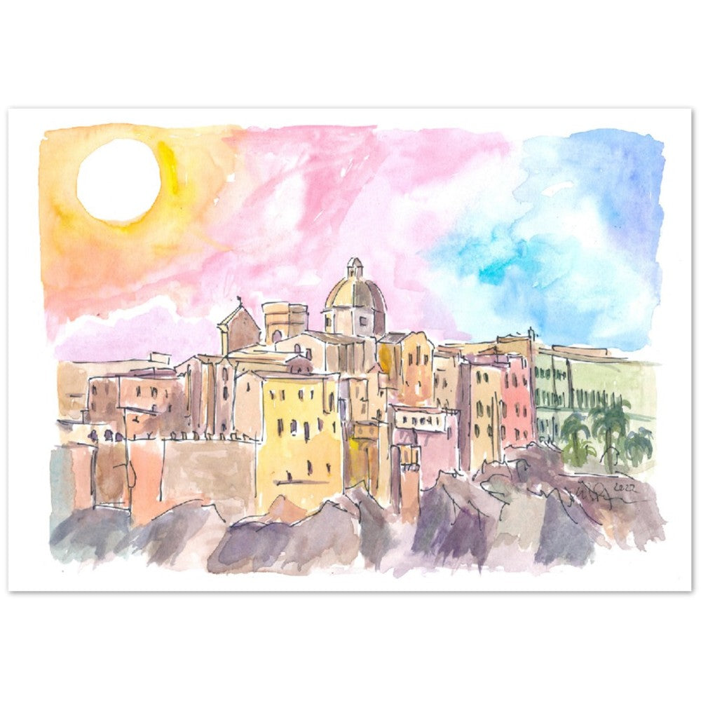 Cagliari Sardinia Amazing view of Old Town and Cathedral- Limited Edition Fine Art Print - Original Painting available