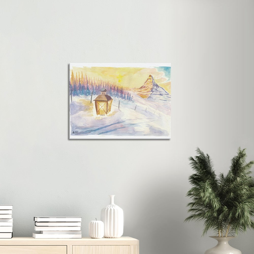 Swiss Alpine Winter Dreams with Matterhorn Mountain and Lantern in Snow - Limited Edition Fine Art Print - Original Painting available