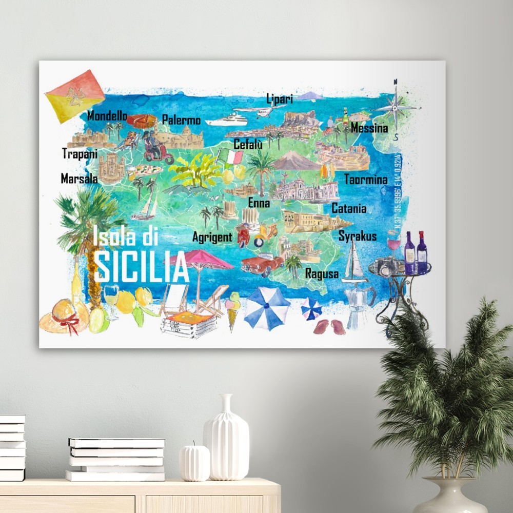 Sicily Italy Illustrated Travel Map with Roads and Tourist Highlights