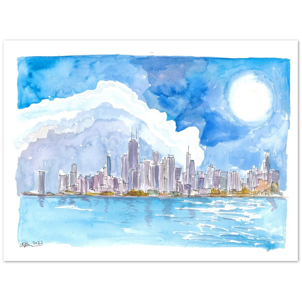 Chicago Skyline Impressions with Lake Michigan and Water Reflections - Limited Edition Fine Art Print - Original Painting available