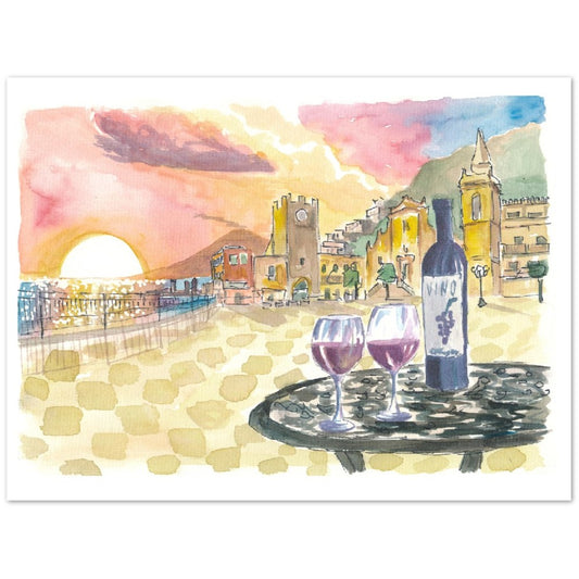 Gorgeous Taormina Sunset with Etna Vulcano View and Wonderful Piazza IX Aprile-Limited Edition Fine Art Print - Original Painting available