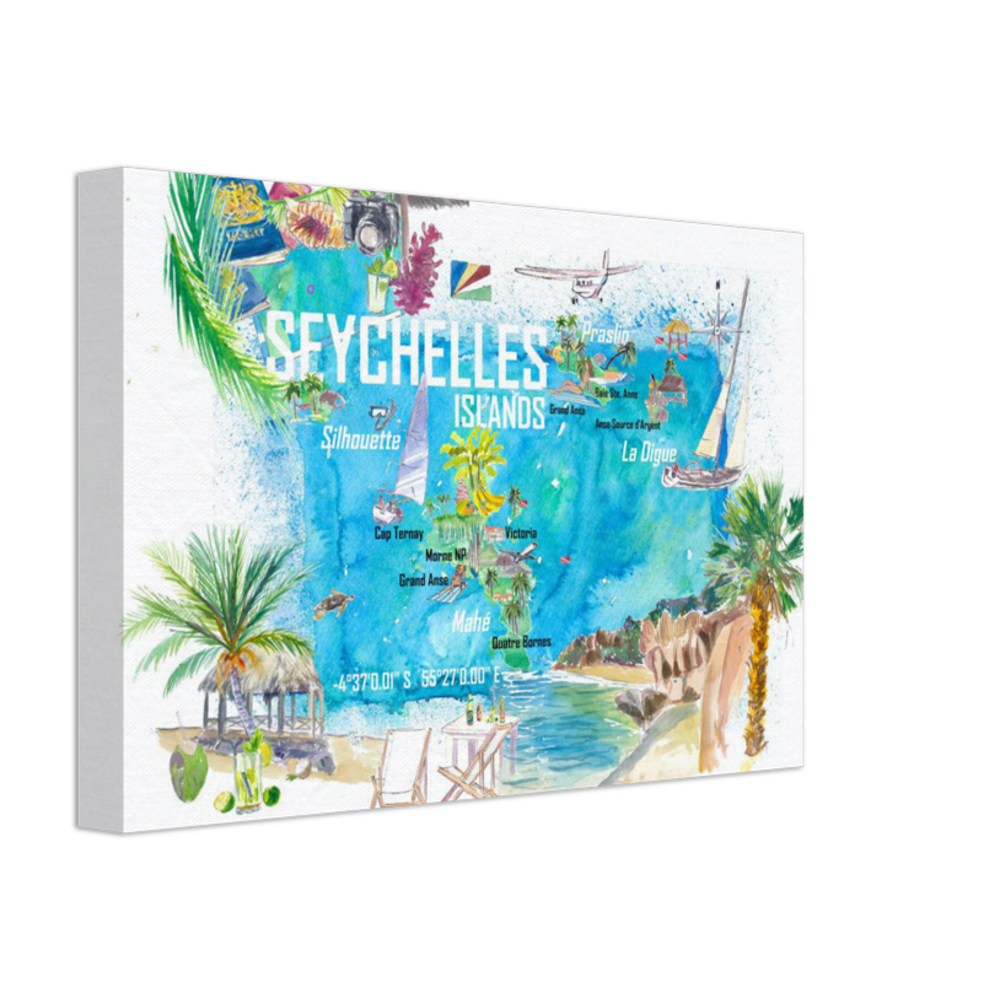 Seychelles Islands Illustrated Travel Map with Tourist Highlights Leinwand