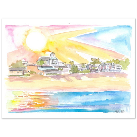 Cape Cod Coastal Beach House Scene at Sunset