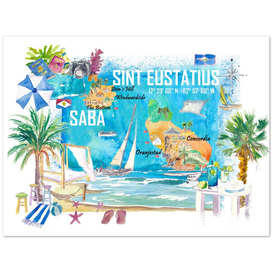 Sint Eustatius and Saba Dutch Caribbean Island Illustrated Travel Map with Tourist Highlights