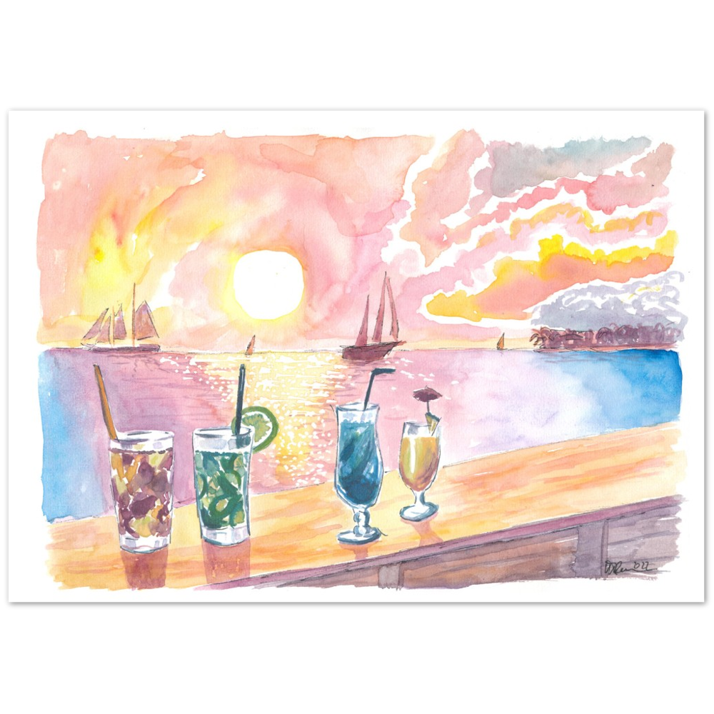Unforgettable Sunset Celebration with Drinks on Mallory Sq Key West Florida - Limited Edition Fine Art Print - Original Painting available