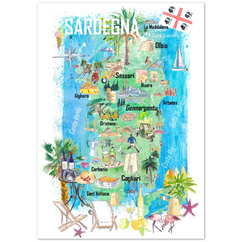 Sardinia Illustrated Travel Map Mediterranean Adriatic Sicily Sardegna with Roads and Tourist Highlights