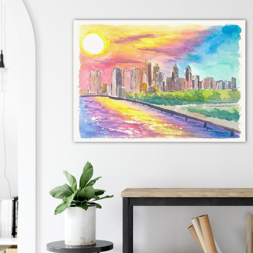 Philadelphia PA Impressive Skyline Colorful Sunset Mood - Limited Edition Fine Art Print - Original Painting available