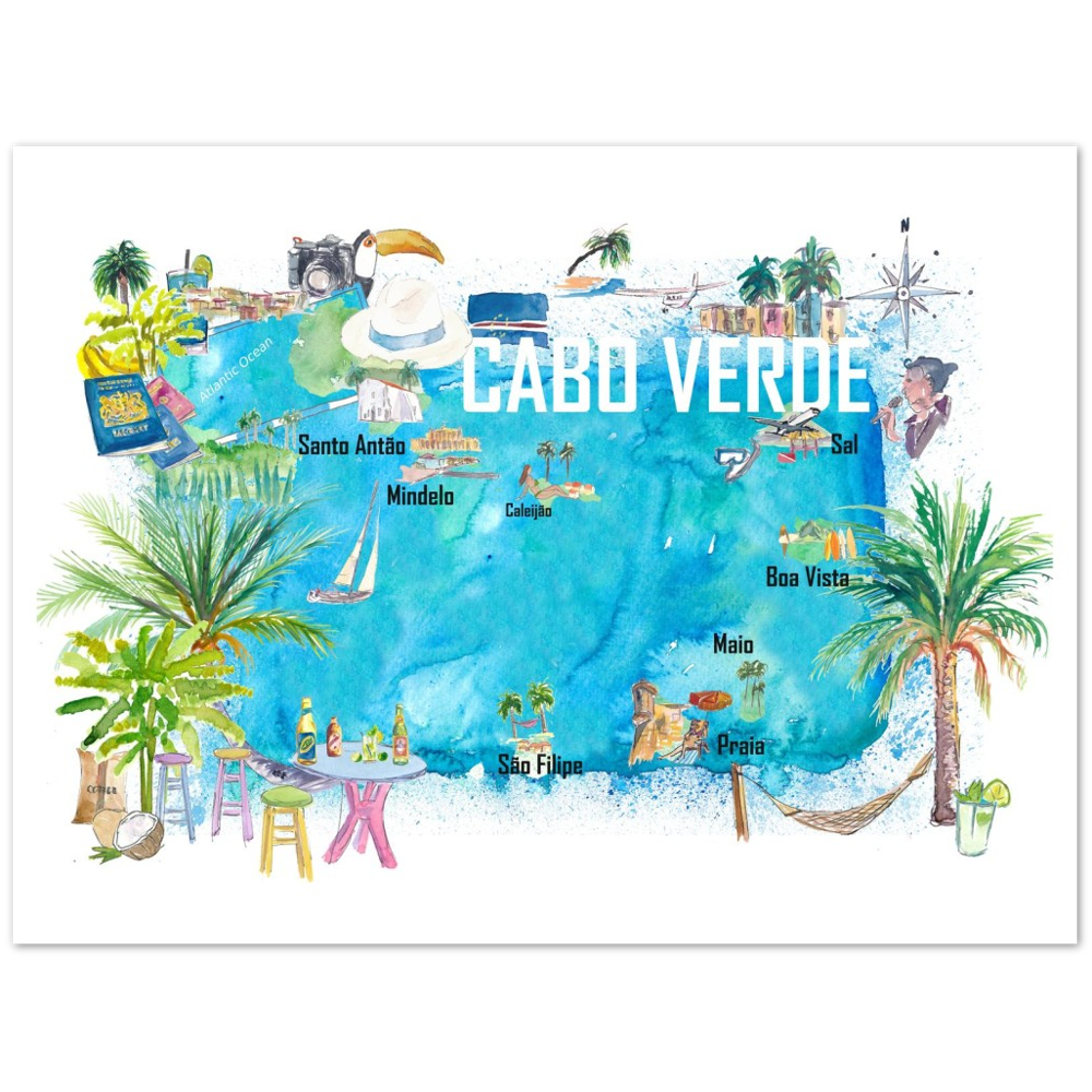 Cabo Verde Illustrated Island Travel Map with Tourist Highlights