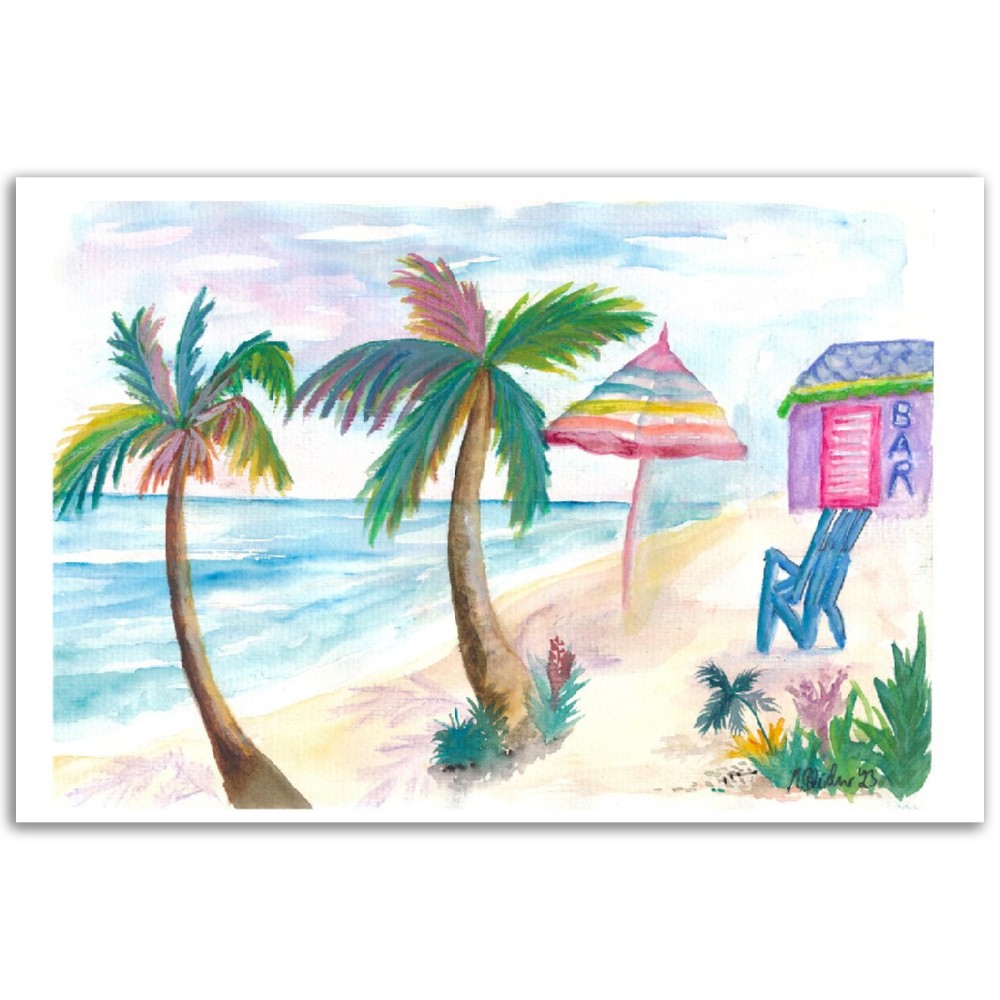 Bahamas Beach Bar with Rainbow Umbrella and Seaview - Limited Edition Fine Art Print - Original Painting available