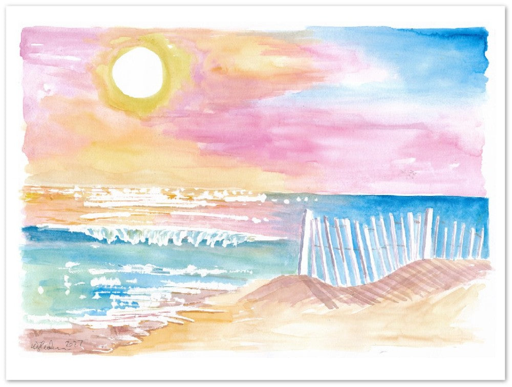 Romantic White Picket Fence on Beach with Waves and Sunset - Limited Edition Fine Art Print - Original Painting available