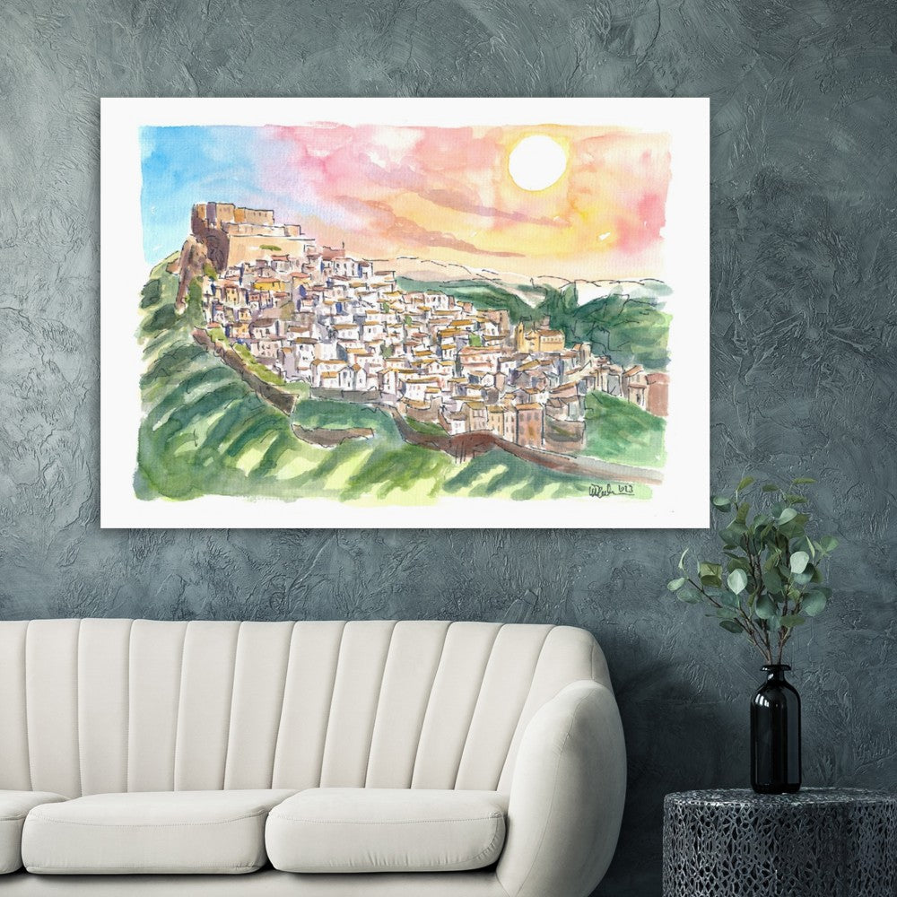 Rocca Imperiale City on Rocks with Hohenstaufen Castle - Limited Edition Fine Art Print - Original Painting available