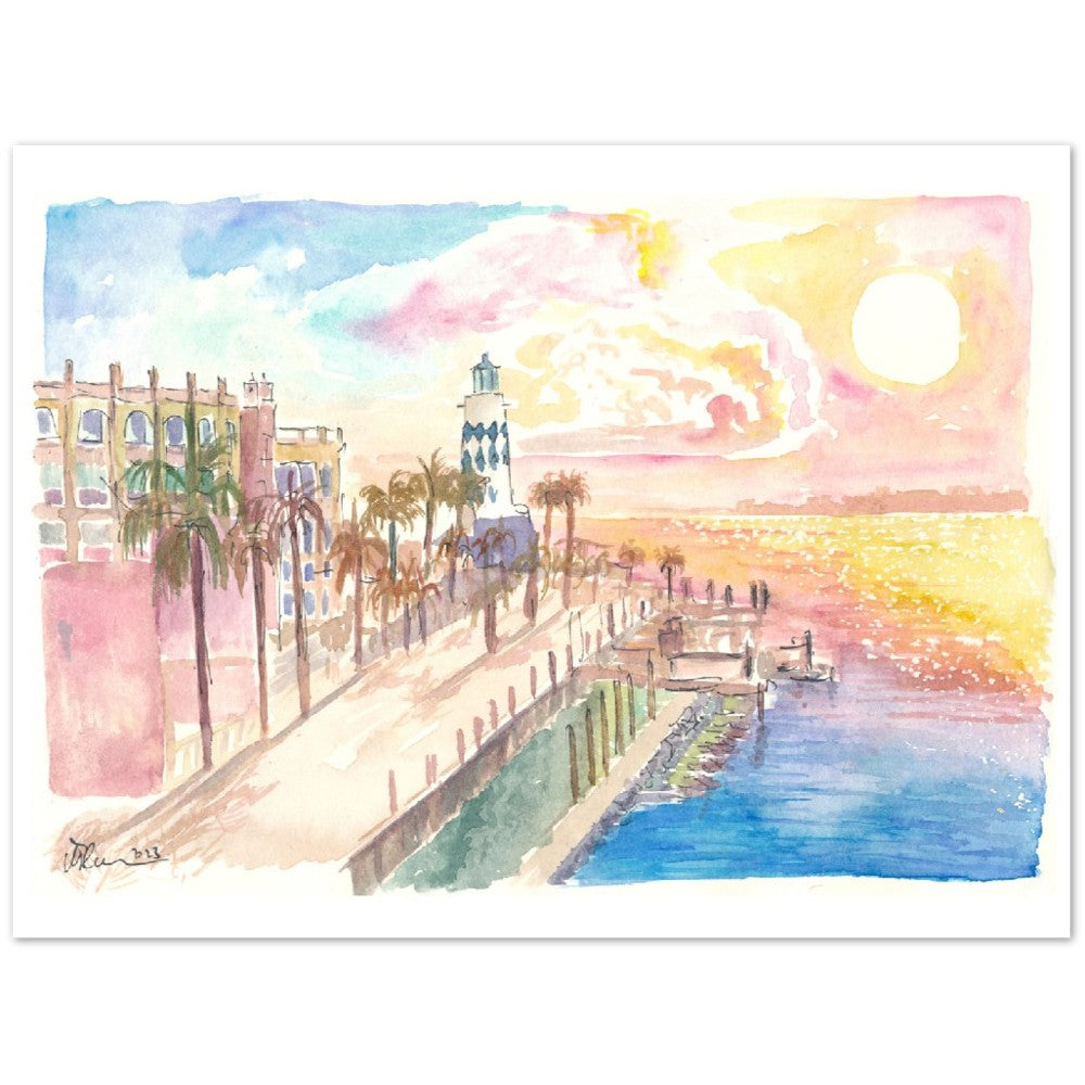 Marvellous Destin Florida Harborwalk View with Lighthouse and Sunset - Limited Edition Fine Art Print - Original Painting available