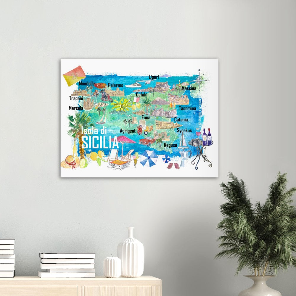 Sicily Italy Illustrated Travel Map with Roads and Tourist Highlights