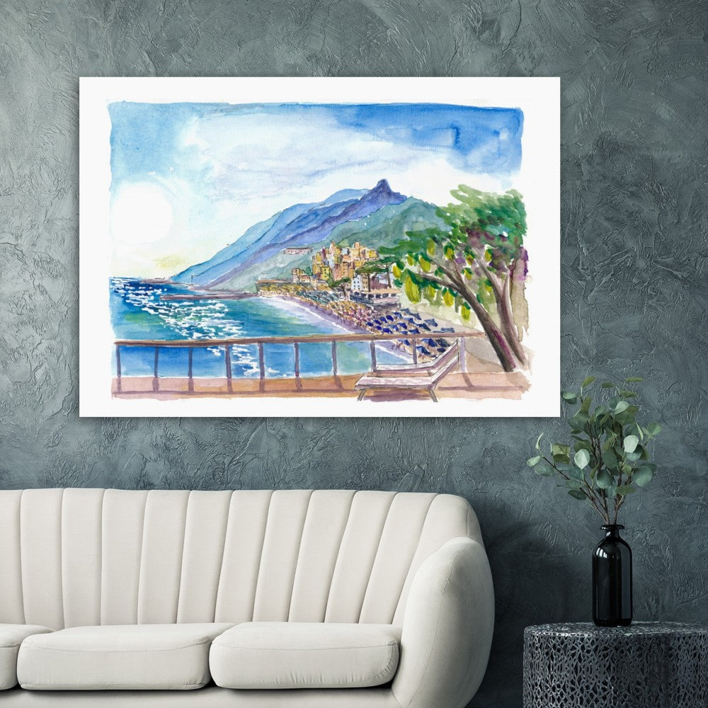 Amalfi Coast Gorgeous Terrace View with Lemons, Coast and Houses - Limited Edition Fine Art Print - Original Painting available