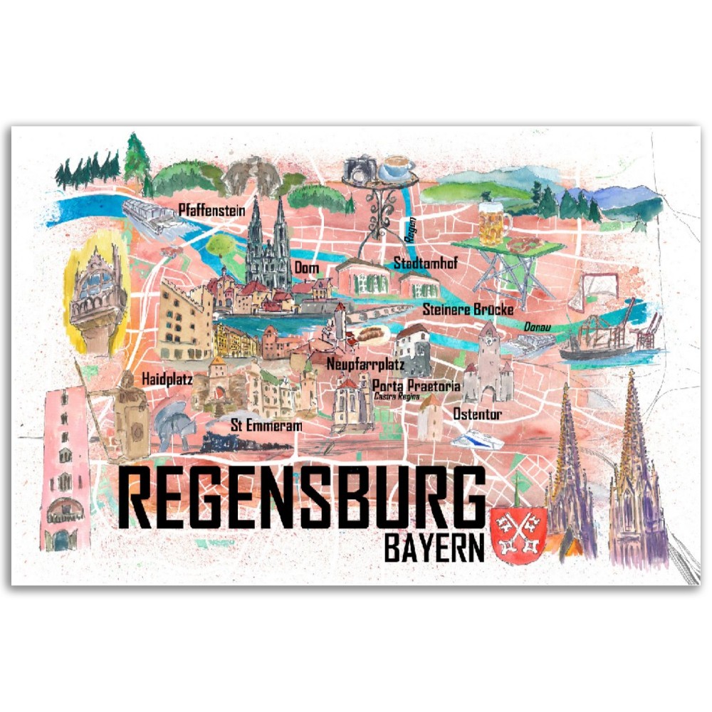 Regensburg Illustrated Favorite Map with roads and Touristic Highlights