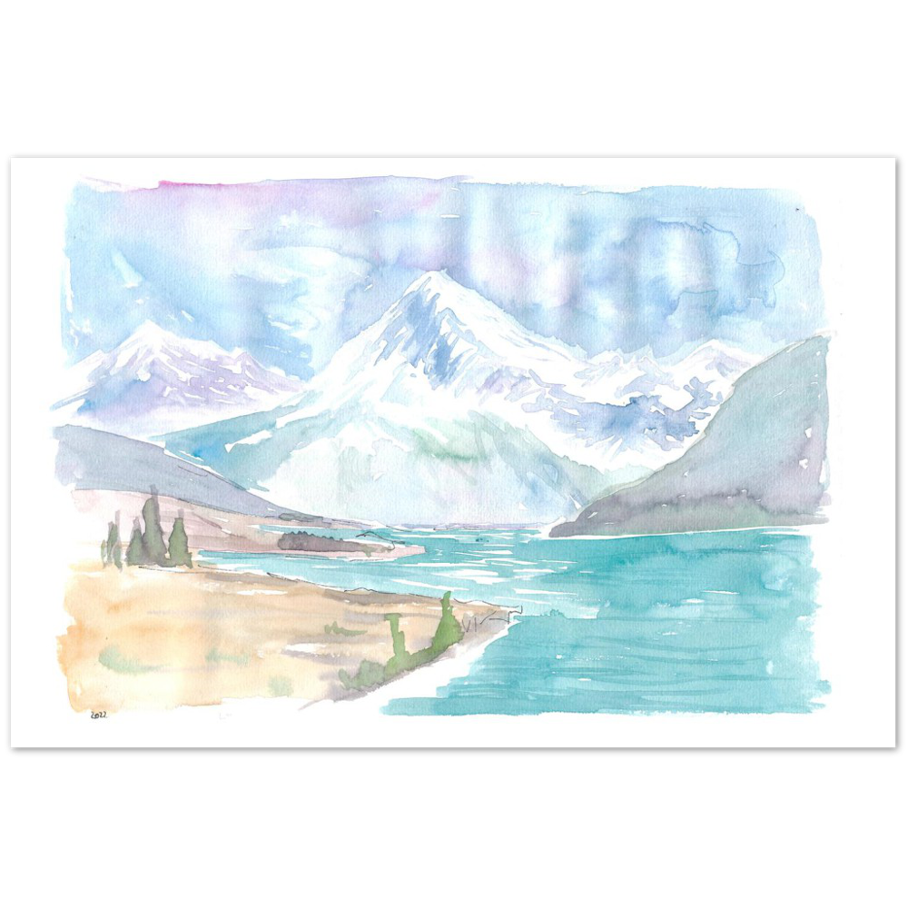 New Zealand Watercolor Landscape with Lake and Mountains