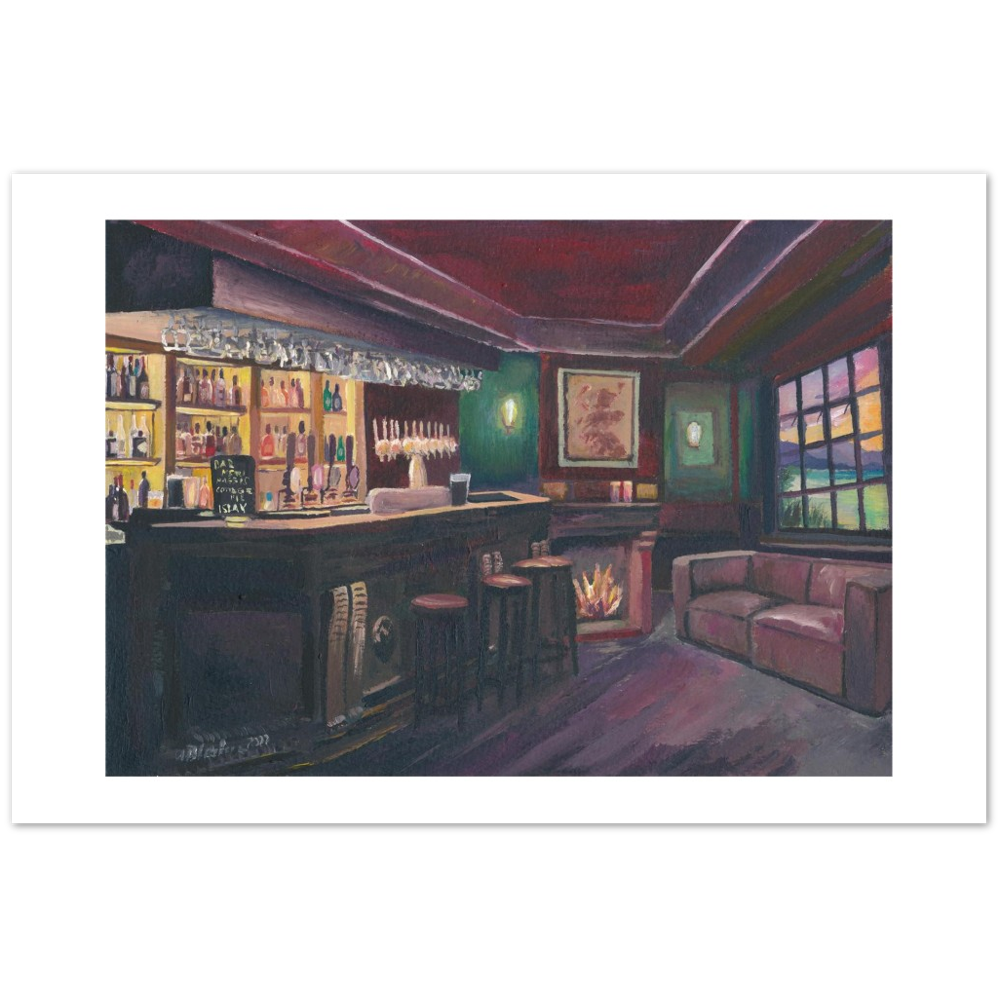 Pub Evening with Bar and Fireplace in Lonely Scottish Highlands - Fine Art Print Giclee - Original available