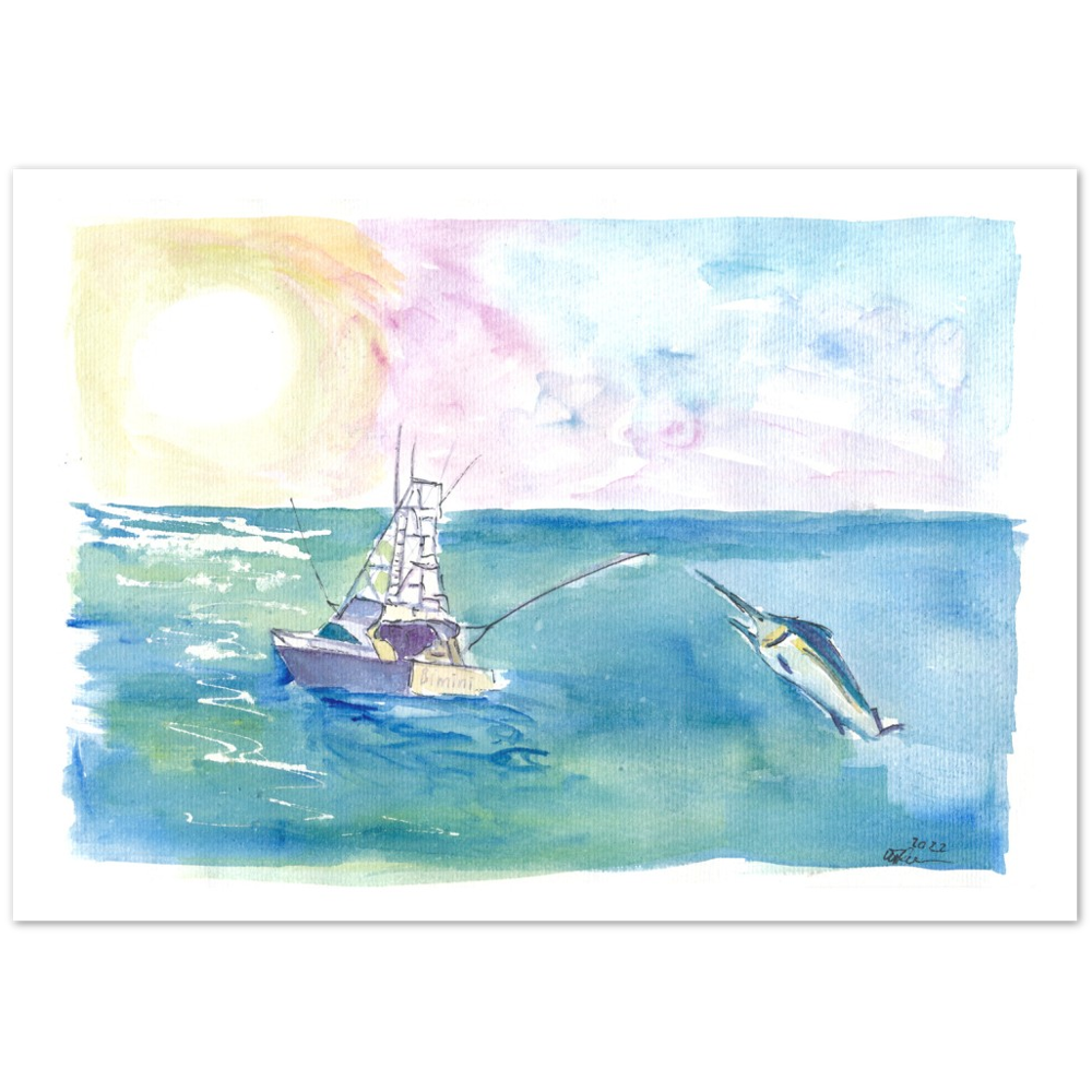 Gone Caribbean Fishing With Yacht and Marlin  - Limited Edition Fine Art Print - Original Painting available