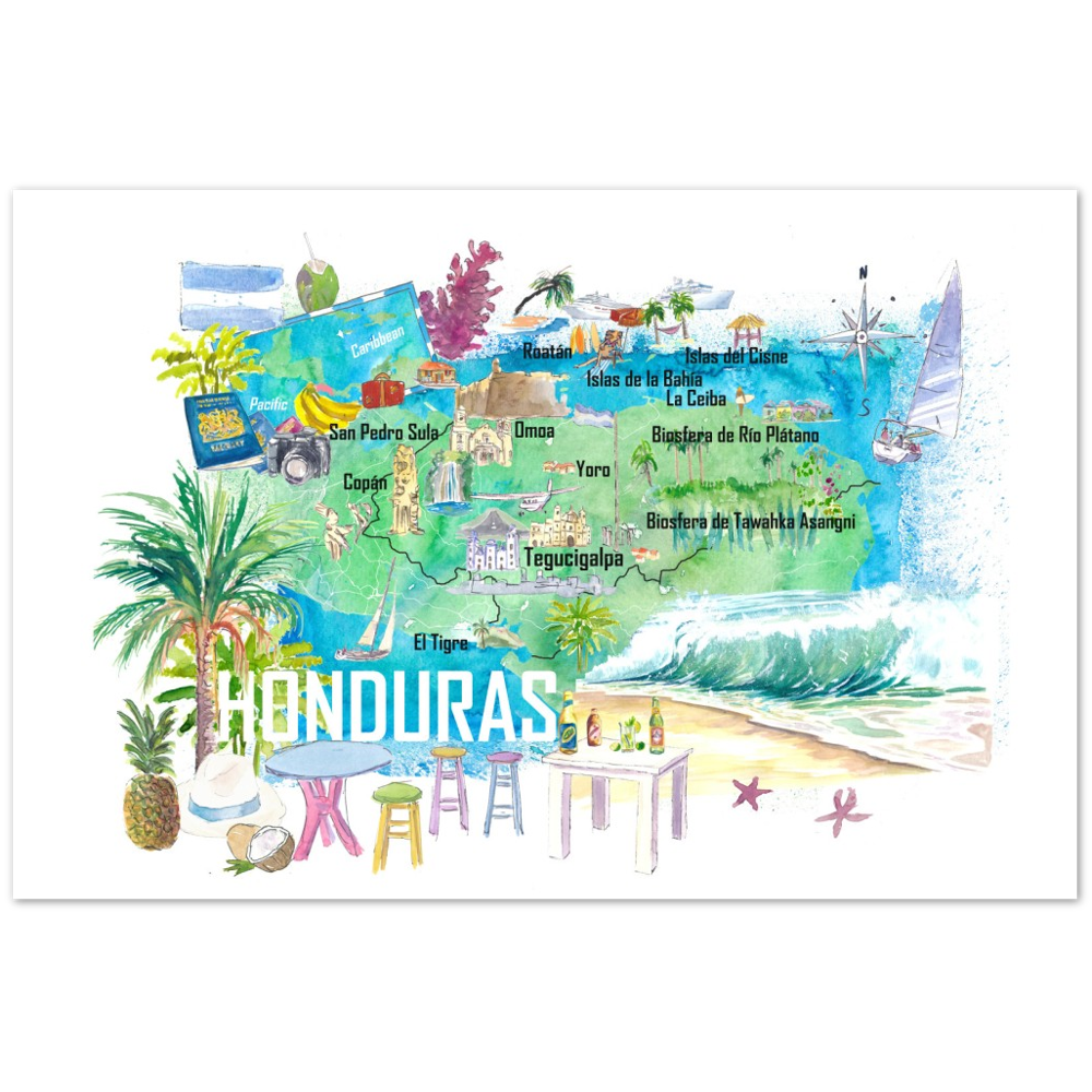 Honduras Illustrated Travel Map with Roads and Tourist Highlights