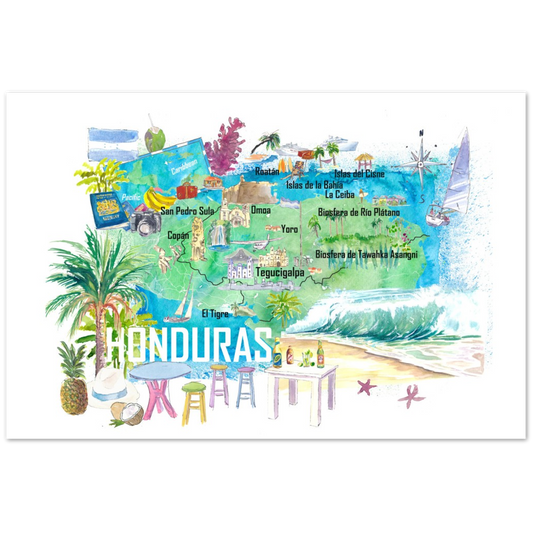 Honduras Illustrated Travel Map with Roads and Tourist Highlights