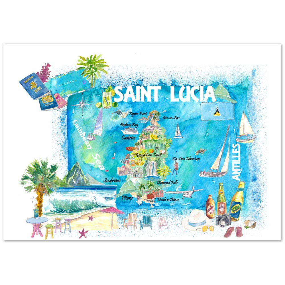 Saint Lucia West Indies Illustrated Map with Antilles Tourist Highlights 2nd Edition