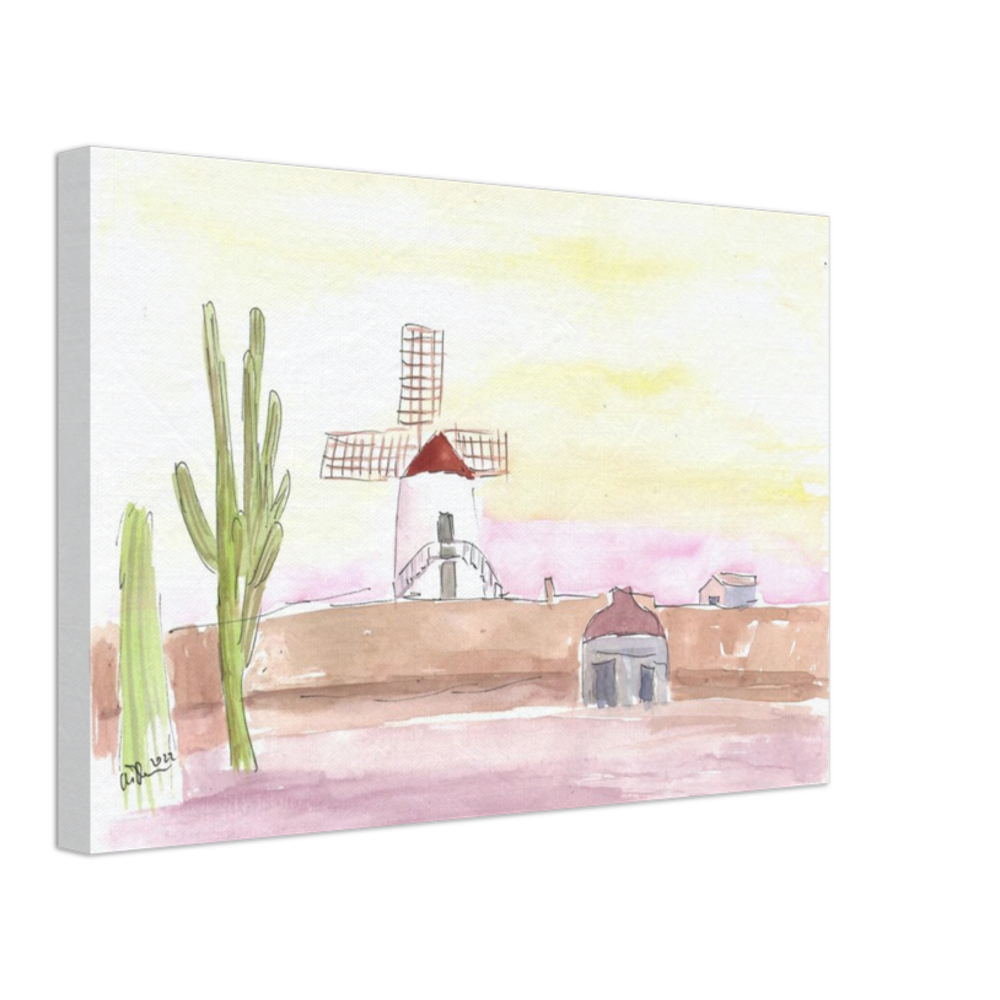 Lanzarote Canary Island Landscape with Windmill and Cacti - Limited Edition Fine Art Print - Original Painting available