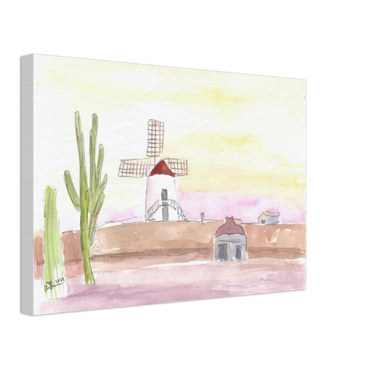 Lanzarote Canary Island Landscape with Windmill and Cacti - Limited Edition Fine Art Print - Original Painting available