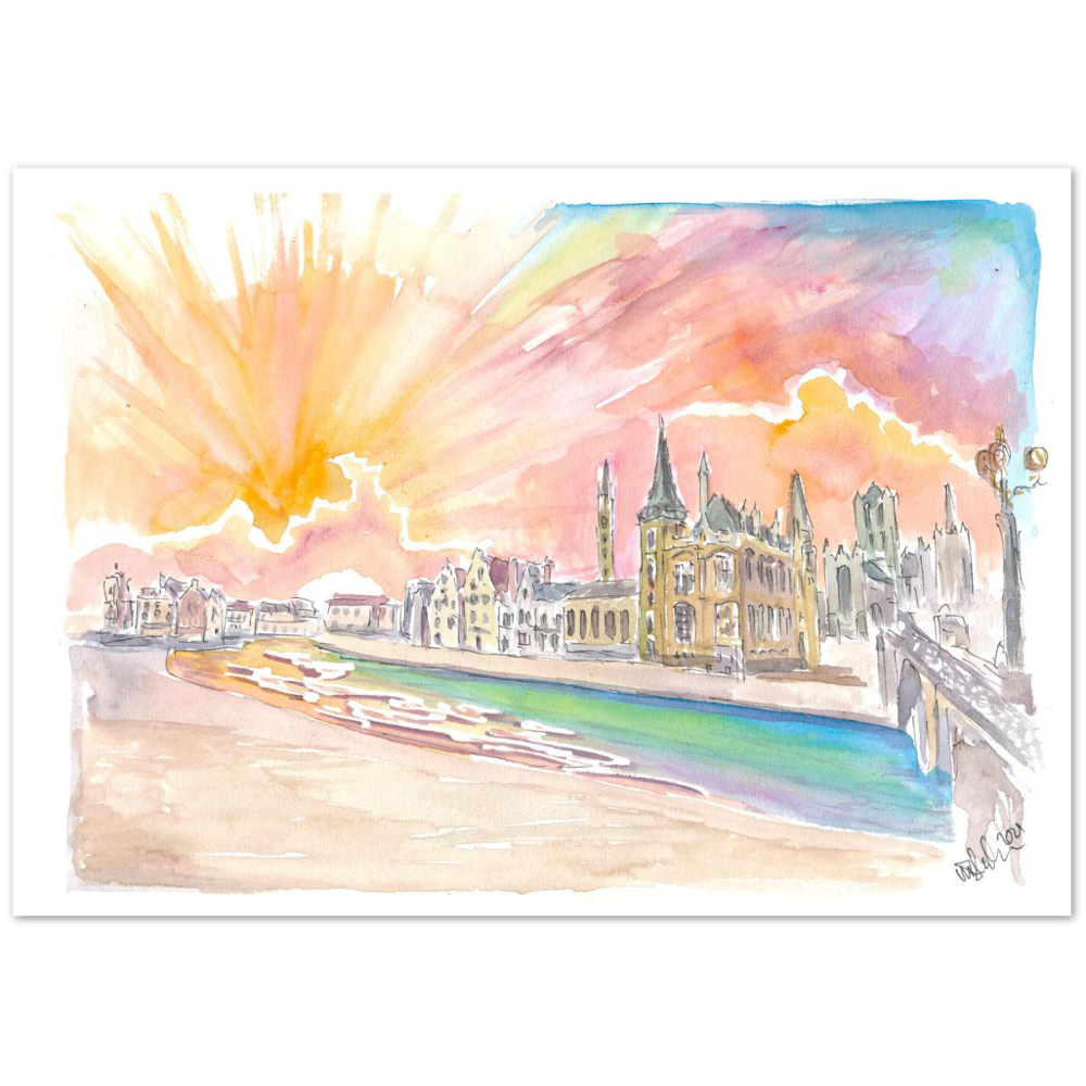 Ghent Belgium Historic City Center with Sunset - Limited Edition Fine Art Print