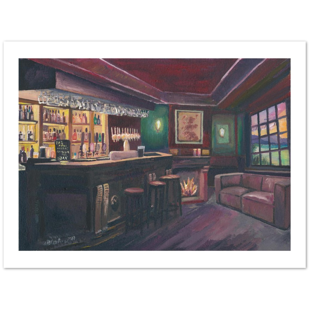 Pub Evening with Bar and Fireplace in Lonely Scottish Highlands - Fine Art Print Giclee - Original available