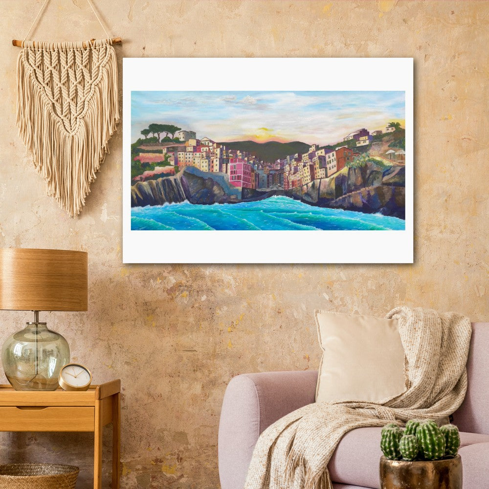 Waves and Surf Crashing on Shore in Riomaggiore Cinque Terre - Limited Edition Fine Art Print - Original Painting available