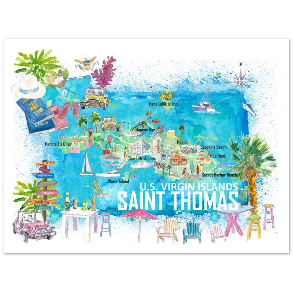 Saint Thomas USVI Illustrated Travel Map with Roads and Tourist Highlights