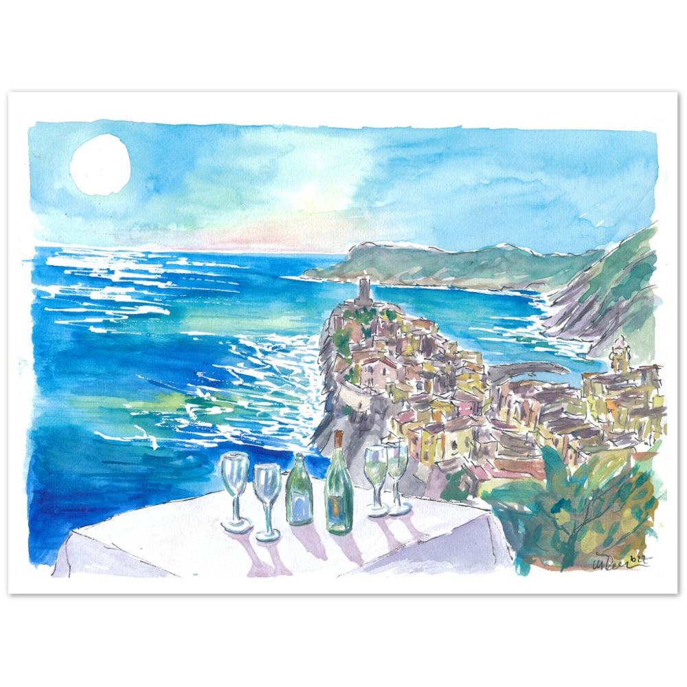 Mediterranean View from Restaurant with Wine and Vernazza Cinque Terre - Limited Edition Fine Art Print - Original Painting available