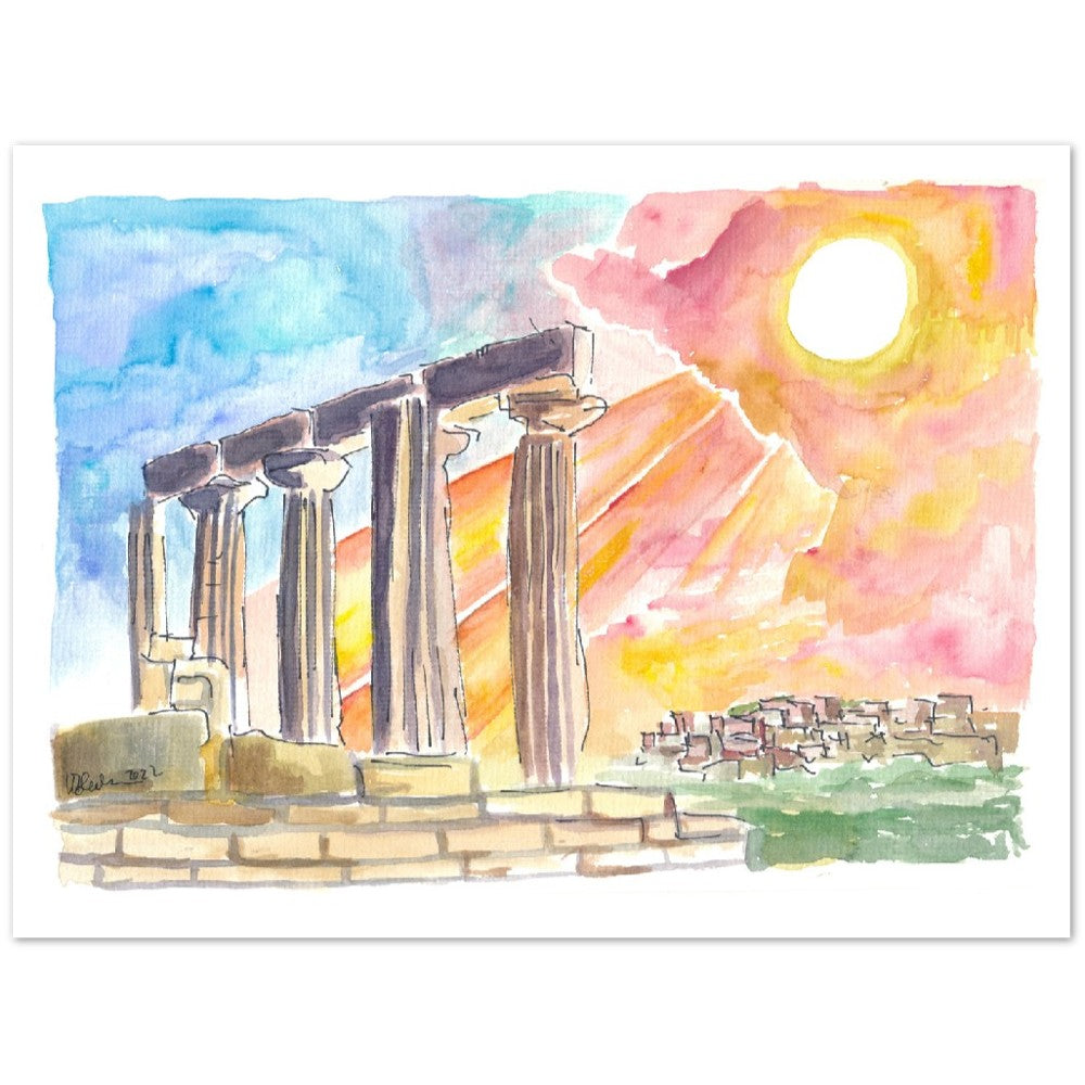 Ancient Agrigento Temple Ruins with Sun Rays in Sicily - Limited Edition Fine Art Print - Original Painting available