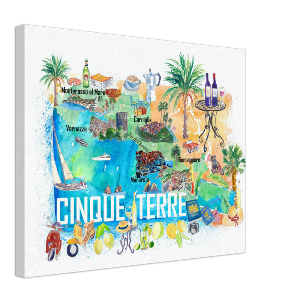 Cinque Terre Italien Illustrierte Mittelmeer-Reisekarte Highlights Golfs