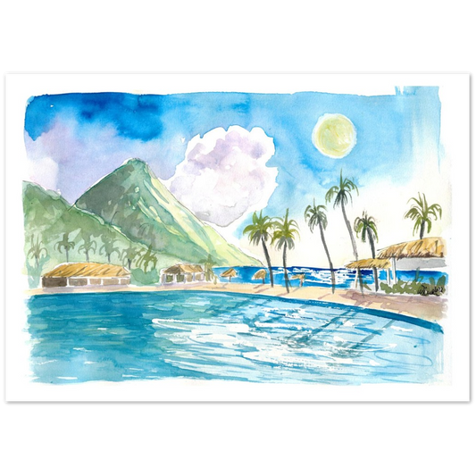 Saint Lucia Pitons and Incredible Caribbean Infinity Pool - Limited Edition Fine Art Print - Original Painting available