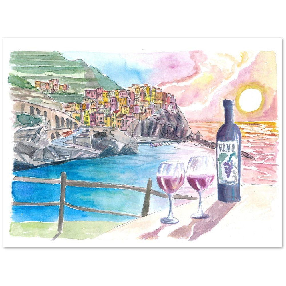 5 Terre Vibes with Wine in Manarola  - Limited Edition Fine Art Print - Original Painting available