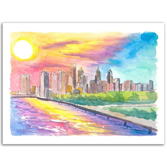 Philadelphia PA Impressive Skyline Colorful Sunset Mood - Limited Edition Fine Art Print - Original Painting available