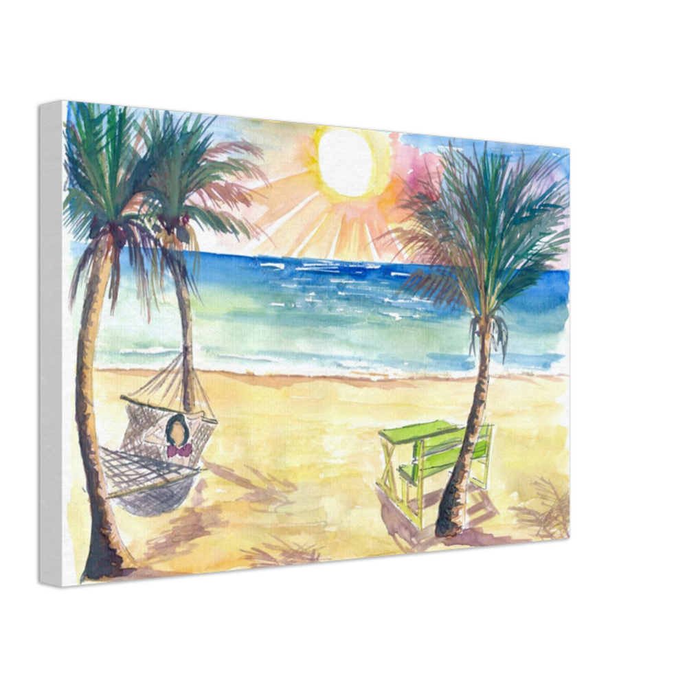 Serene Beach Perfection with Hammock Zen under Palms and Swell - Limited Edition Fine Art Print - Original Painting available