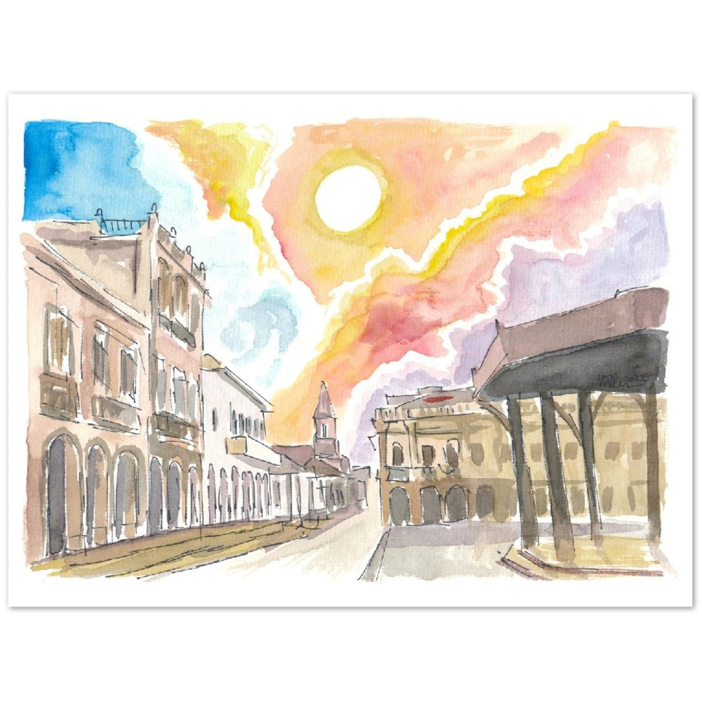 Cuenca Ecuador Historic Street Scene with Sun - Limited Edition Fine Art Print - Original Painting available